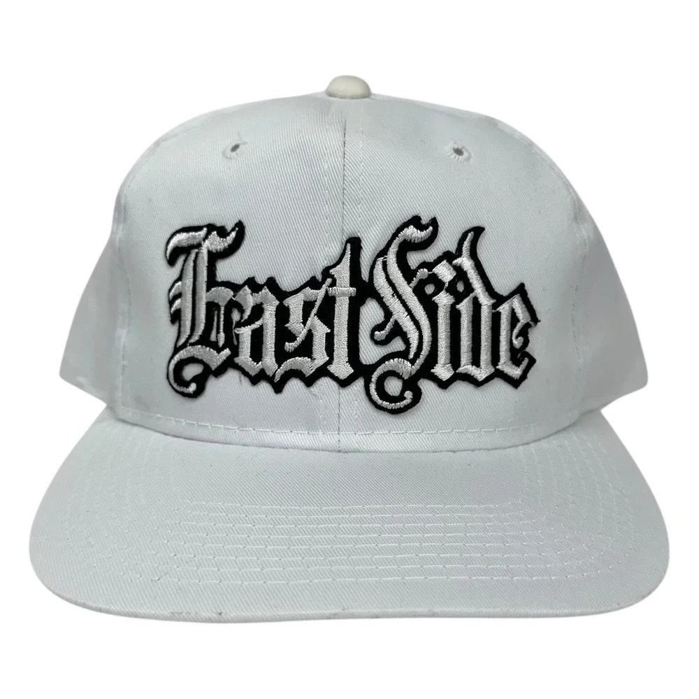 VTG 90s Young An East Side Hat Cap Snap Back White‎ Gothic Script Embroidered